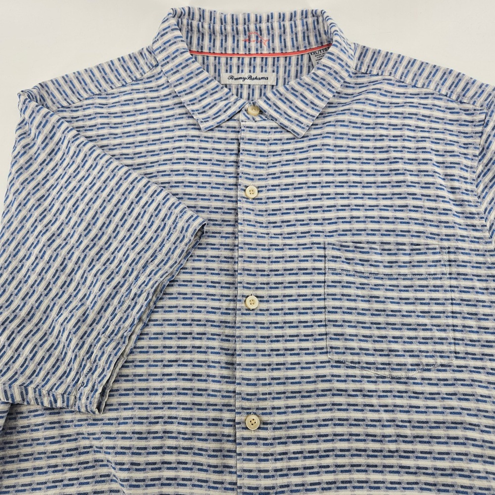 Tommy Bahama Mens XXL Blue White Striped 100% Silk Short Sleeve Button Shirt